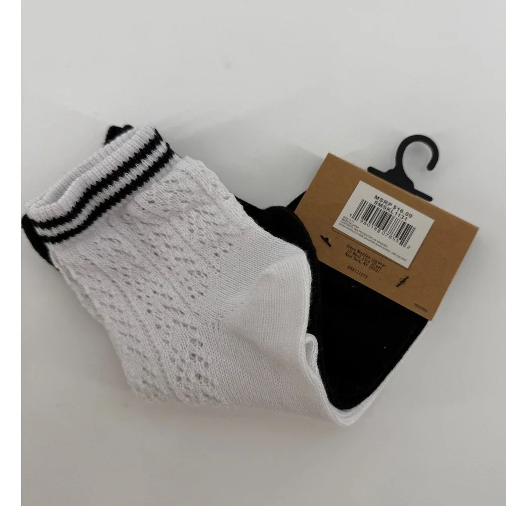 Steve Madden Womens 2 Pack‎ Anklet Socks White Pointelle Striped Black NWT